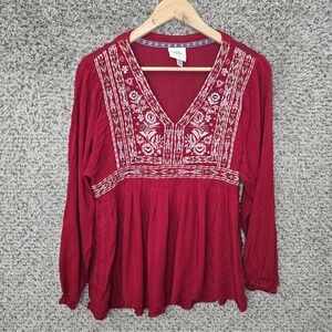 Knox Rose Top Womens Small Burgundy Boho V Neck Embroidered Long Sleeve Blouse